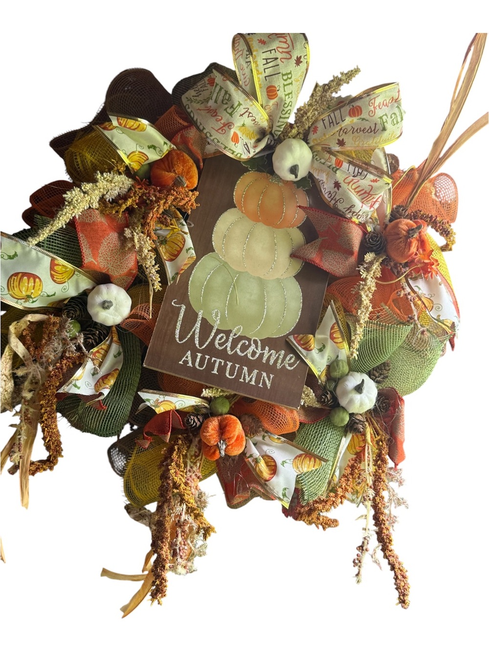 Welcome Autumn Fall Wreath with Pumpkins and Bows
